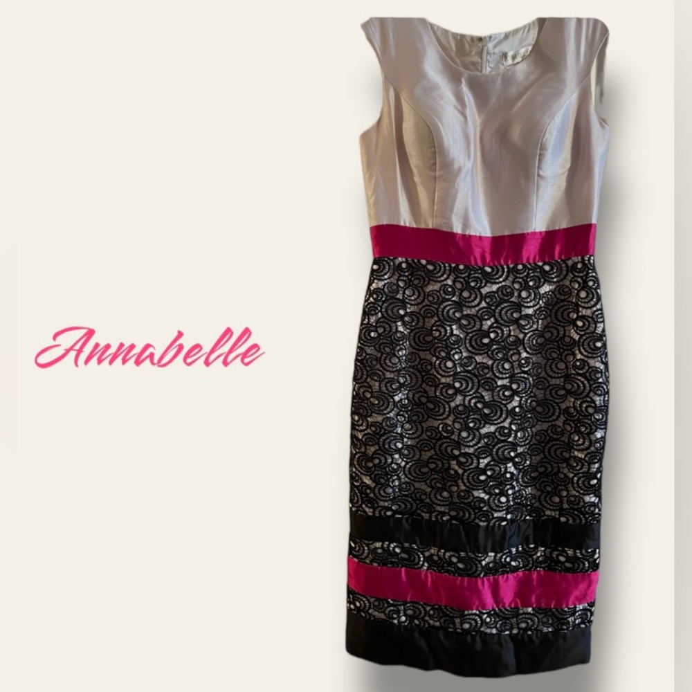 🩷 Annabelle Women’s Dress SZ:10. Elegant Embroidered Black Lace w Pink/boutique